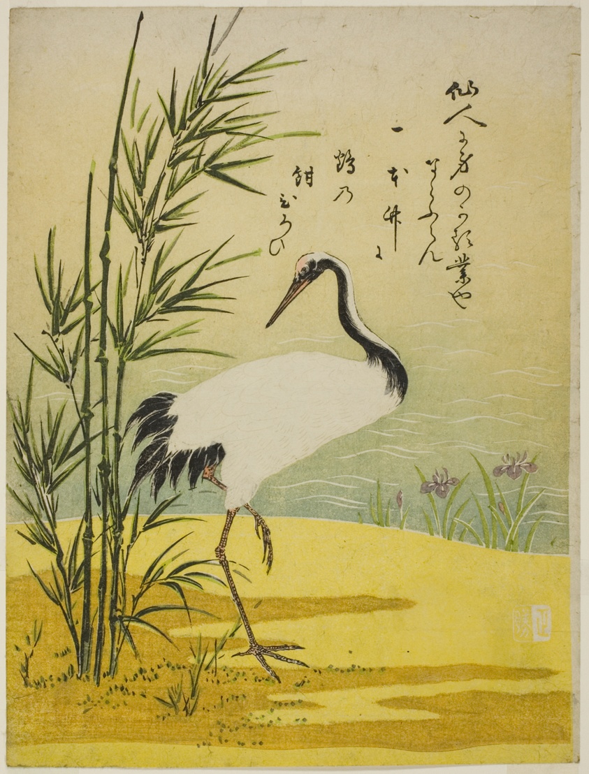 Crane, Bamboo and Iris