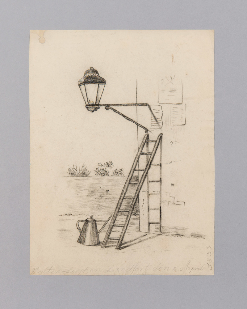 Huis met ladder, gieter en lantaarn