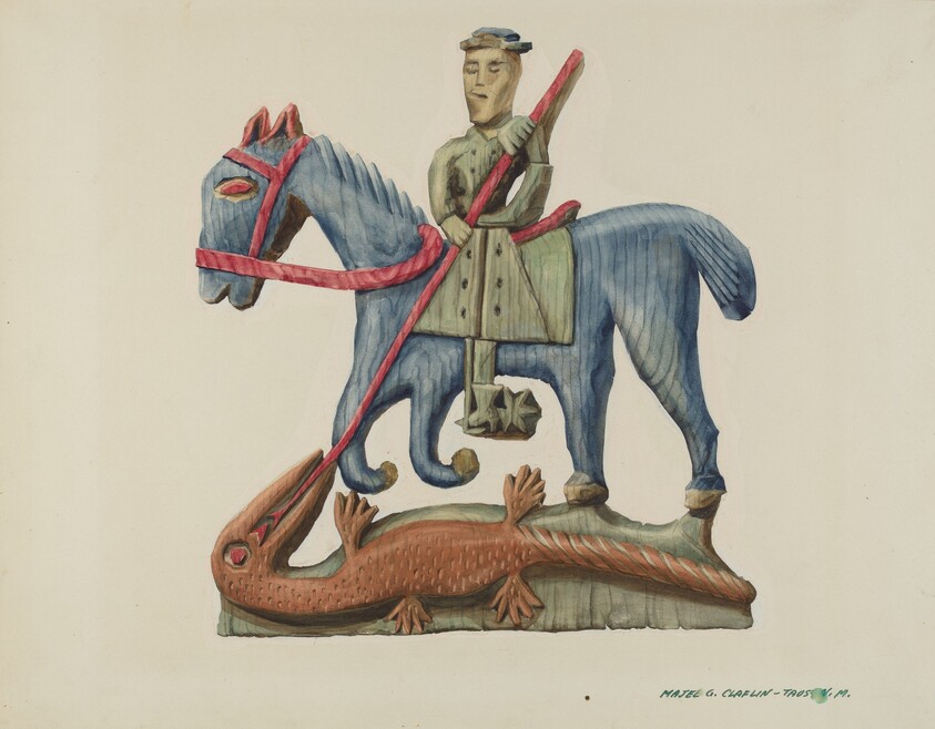 Saint George & the Dragon, Carved Out of Section of Plank - Painted