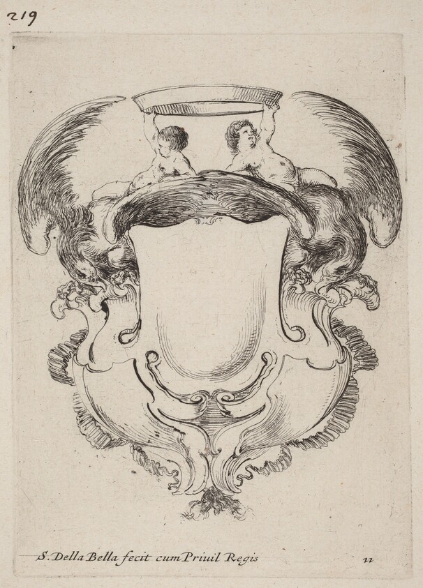 Cartouche with Eagles and Two Infants  Holding a Crown