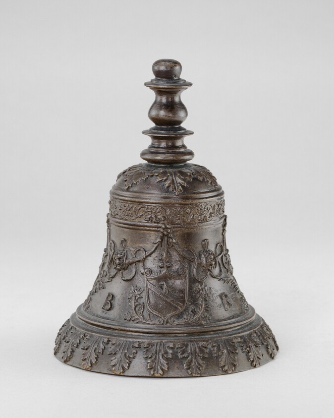 Hand Bell with Armorial Shield between Thistles (?), Palm Crossing Laurel, and initials B B