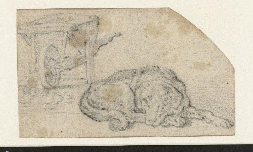 Reclining Dog near a Wheelbarrow