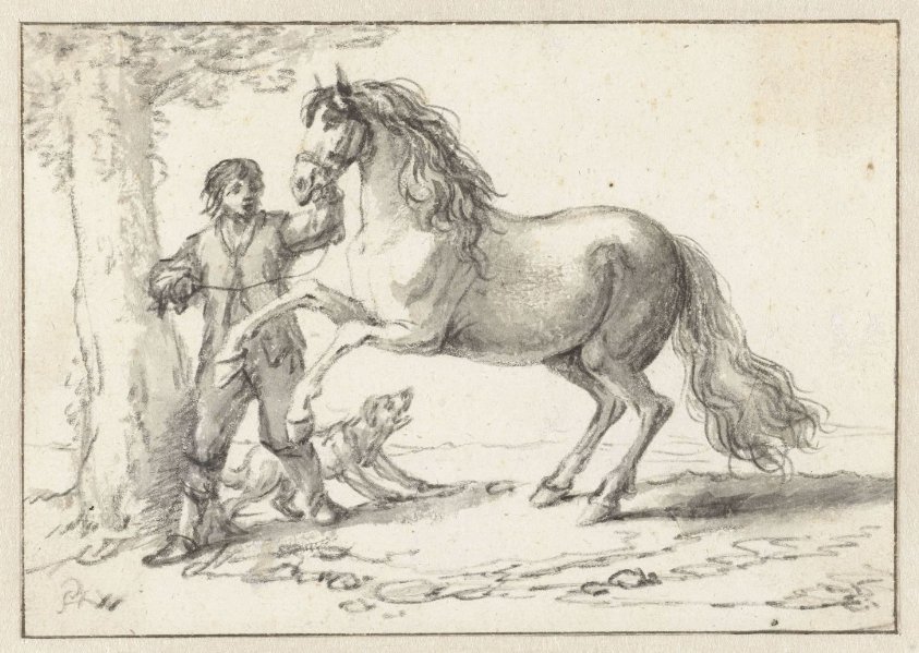 Young Man Holding a Rearing Horse by its Bridle, Frightened by a Barking Dog