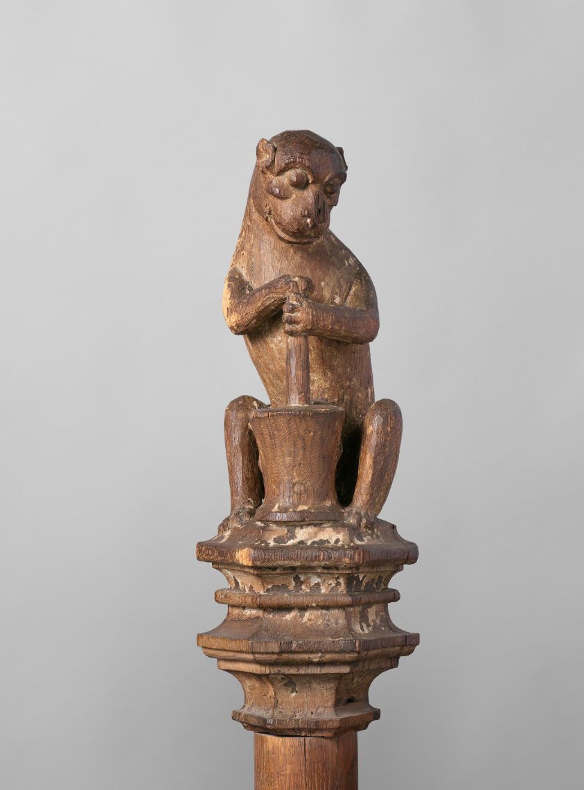 Monkey Playing a Rumbling Pot, from the Top of a Balustrade or the Backrest of the Stadholder’s Chair in the Rolzaal in the Hof van Holland, The Hague