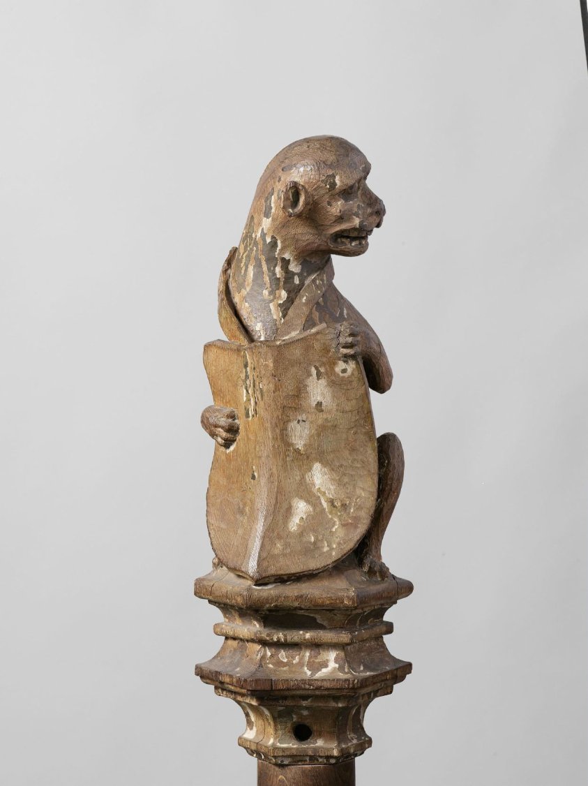 Monkey Supporting an Escutcheon, from the Top of a Balustrade or the Backrest of the Stadholder’s Chair in the Rolzaal in the Hof van Holland, The Hague