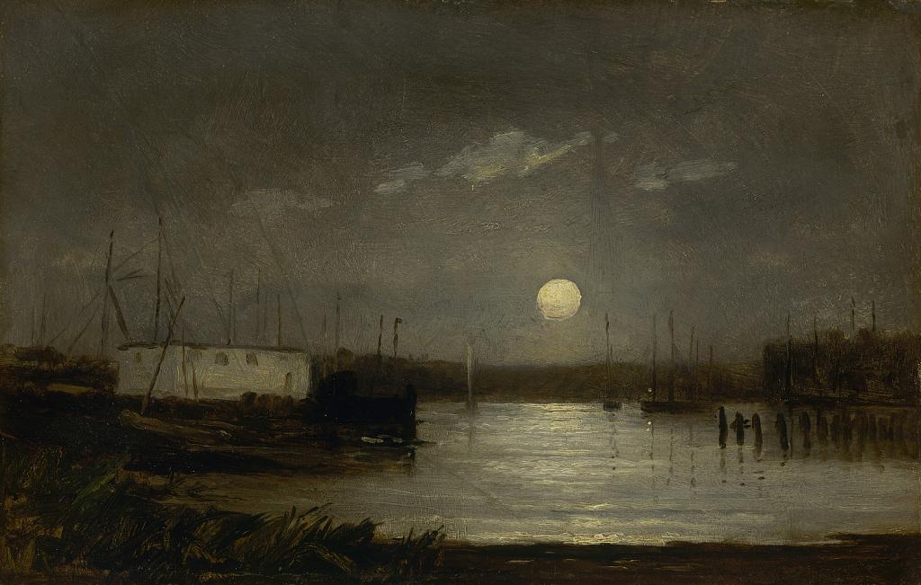 Untitled (moon over a harbor, wharf scene with full moon and masts of boats)