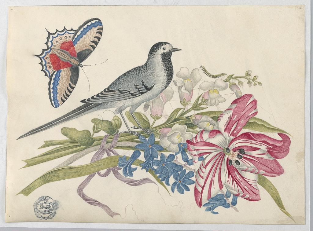 Gray Bird on Branch with Tulip, Snapdragons, and Forget-Me-Nots with Butterfly