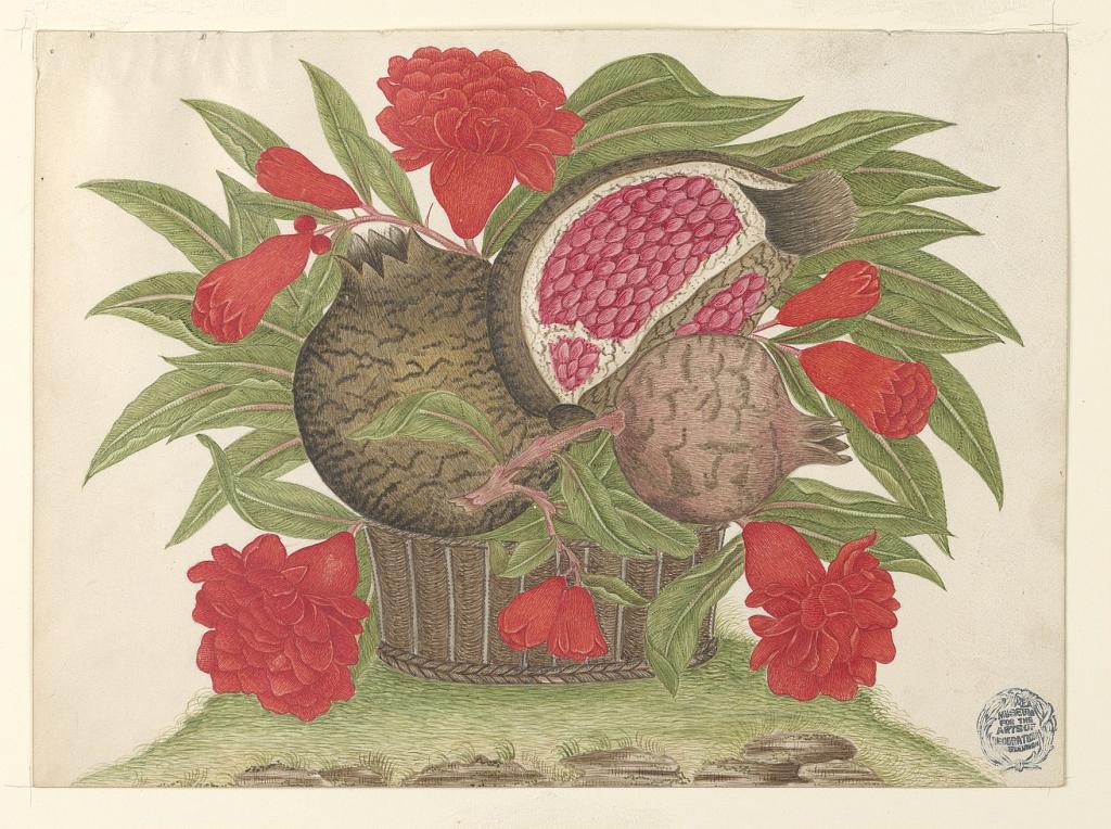 Basket of Blossoms and Leaves with Pomegranates on Earth