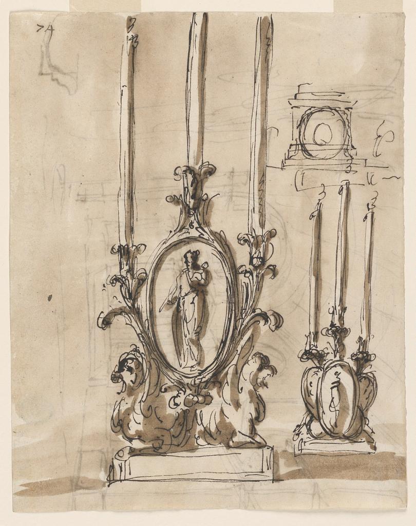Recto: candlesticks; Verso: mausoleum in a church-like hall