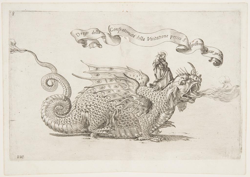 Parade Float with the Virgin and Child riding a Dragon, plate 8 from A. Isacchi, "Relatione di Alfonso Isachi intorno l'origine, solennità, traslatione, et miracoli della Madonna di Reggio [...]," (Account by Alfonso Isachi regarding the Origin, Festivities, Procession, and Miracles of the Madonna of Reggio)