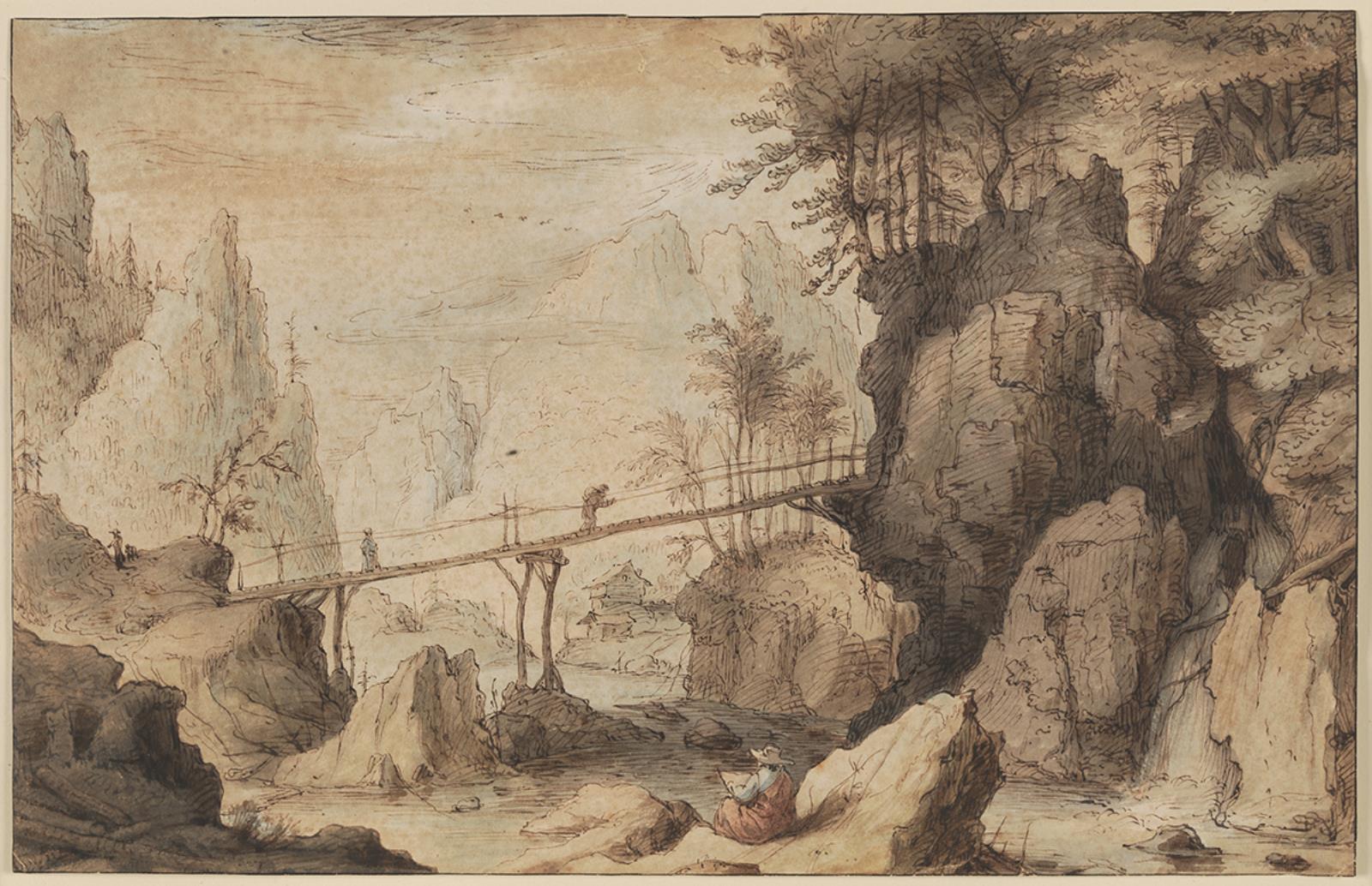 Draughtsman on a stone before a bridge