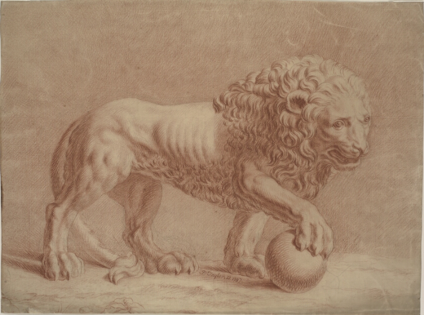 Lion turned to the right with his right paw on a globe