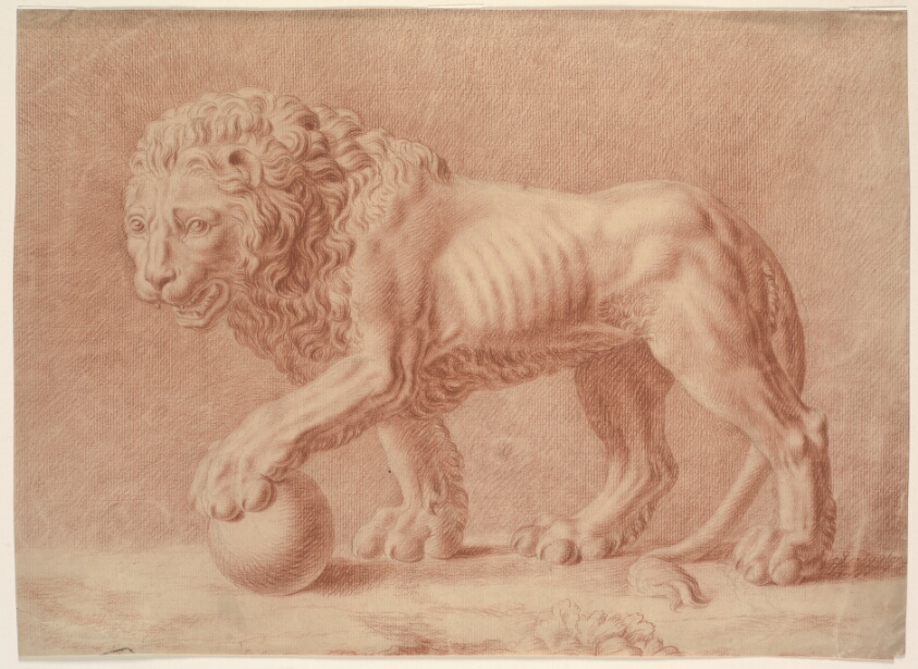 Lion turned to the left with his left paw on a globe